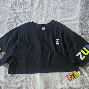 Zumba Wear Black Cropped Tee with Multicolor Sleeve Logo - MEDIUM